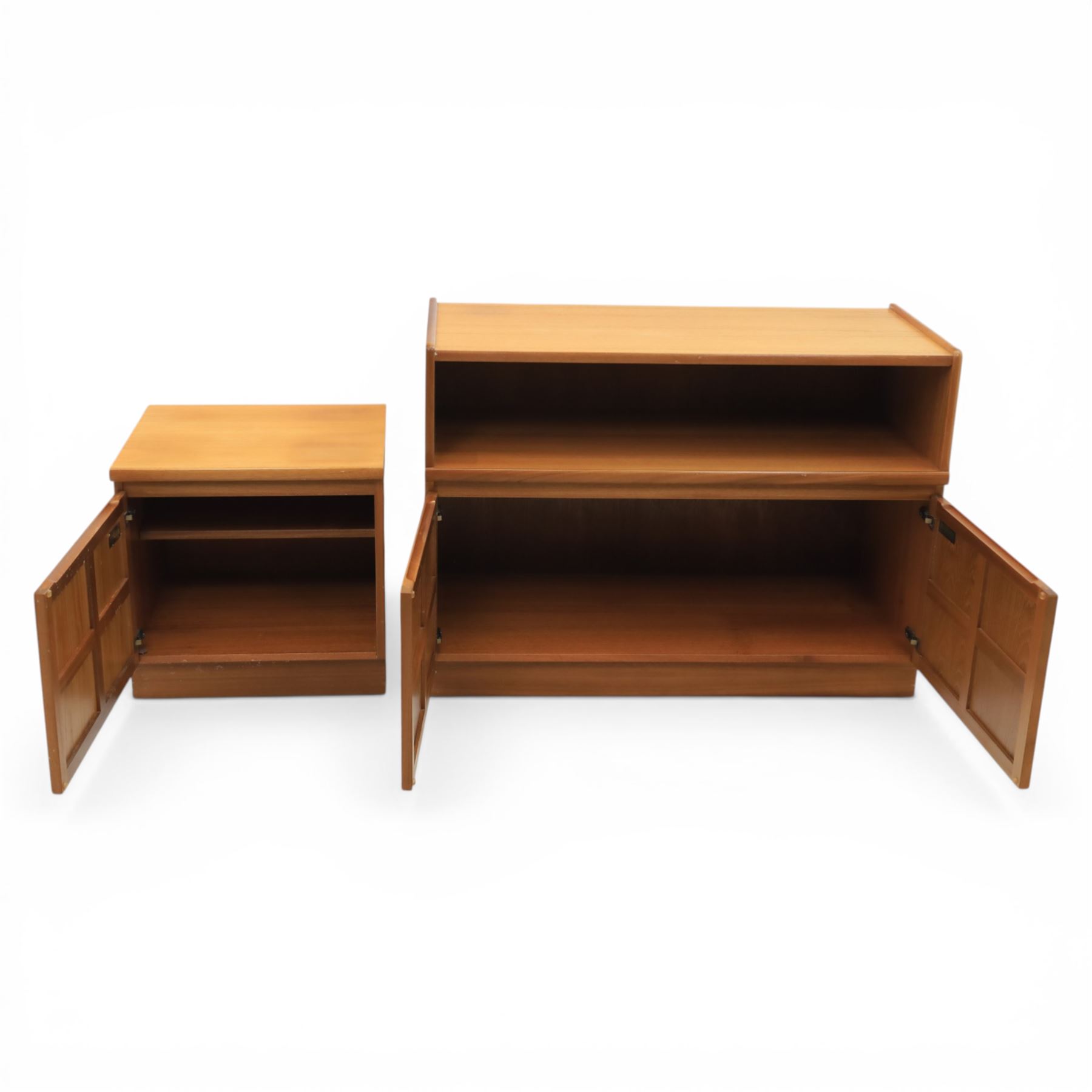 Nathan - teak sideboard and lamp table, both with signature square panelling, raised on a recessed plinth base (Lamp table H 51cm, D 46cm, W 52cm)