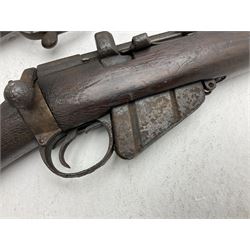 WW1 Lee Enfield SMLE .303 bolt action rifle with 63.5cm barrel and magazine; No.20934; L112cm overall; home deactivated by welding down bolt and end of barrel so requires re-deactivation to modern standards; and 19th century 12-bore double barrel hammer shotgun with 65cm cut-down barrels, non-rebounding hammers and under-lever opening, the lock-plate indistinctly inscribed G.T. Bartrant(?) L75cm overall; home deactivated by welding both barrels closed at breech so requires re-deactivation to modern standards (2) RFD ONLY 
