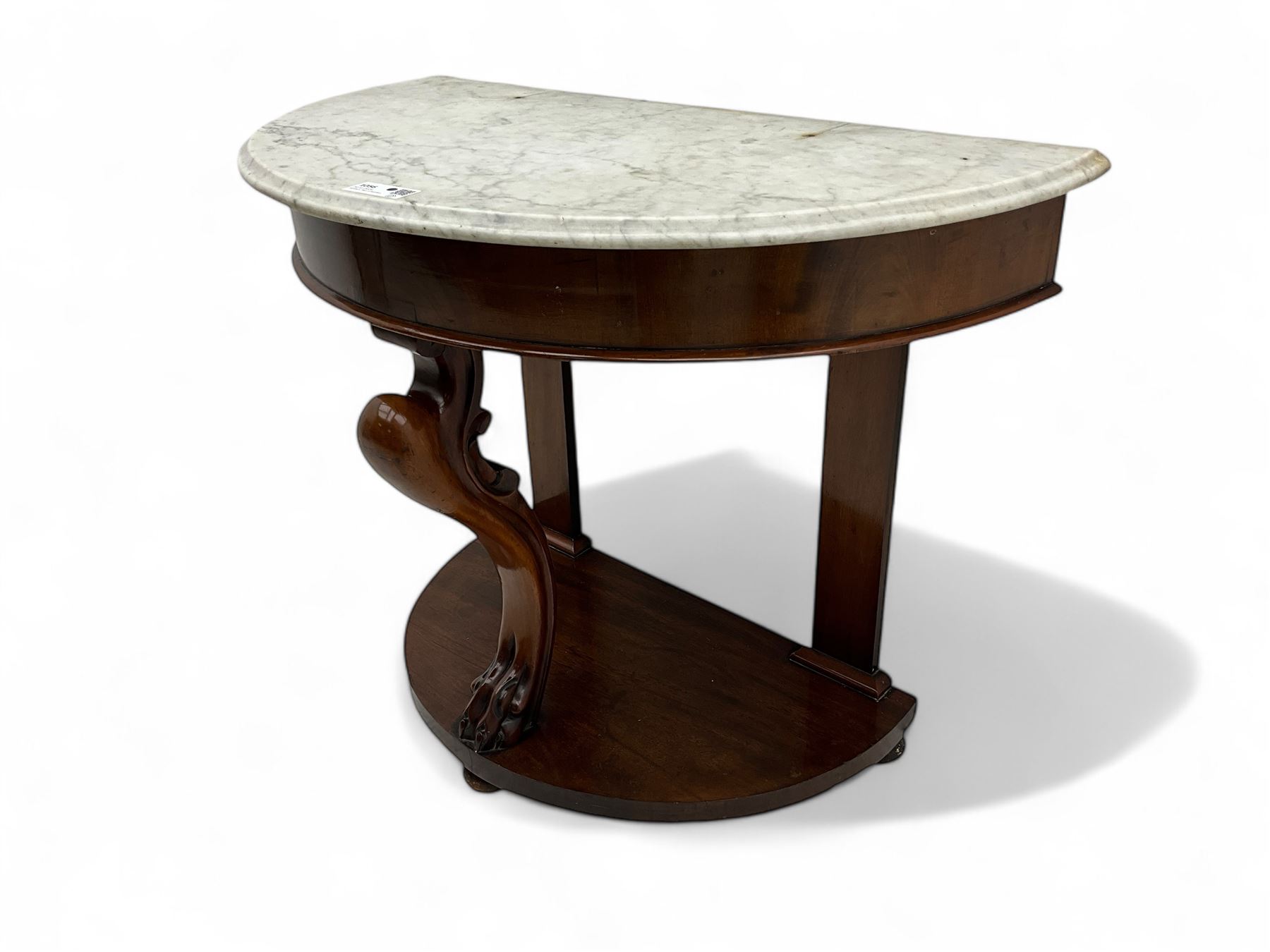Victorian mahogany and marble demi-lune console table, moulded white and grey veined marble top, on cabriole support carved with paw, demi-lune undertier over compressed bun feet 