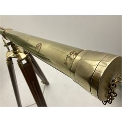 Large telescope, on a folding wooden and brass tripod, L98cm
