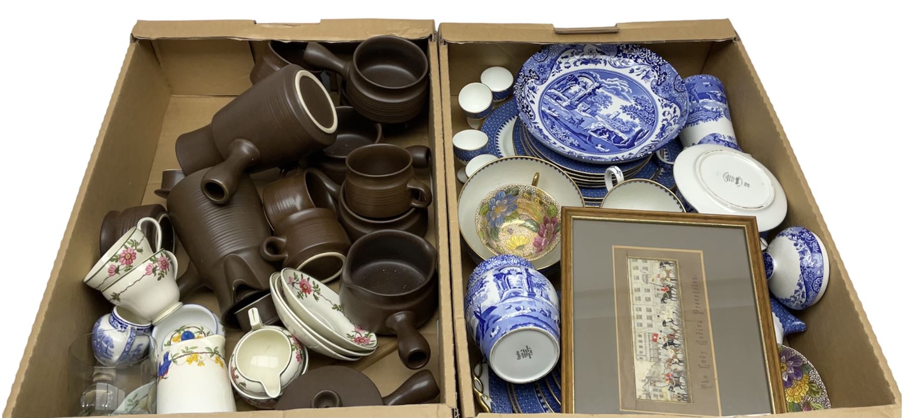 Spode Italian pattern butter dish, jug, bowl and dish, together with Wedgwood Lynn pattern tea wares and other collectables, in two boxes  