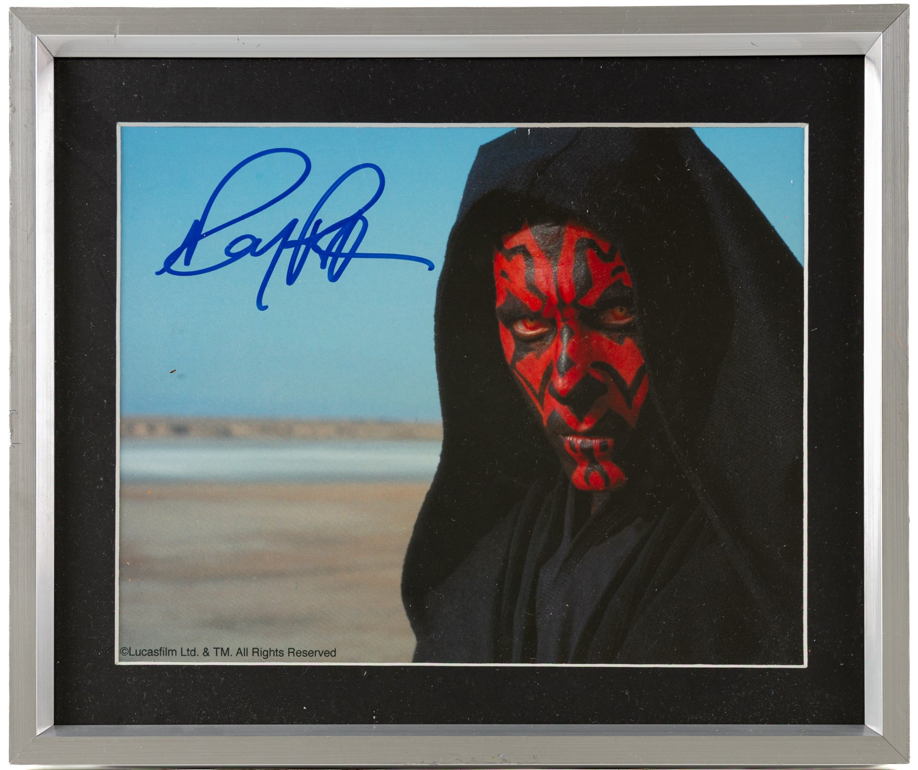 Signed Star Wars prints, comprising Rogue One Cineworld poster signed by Spencer Wilding (Darth Vader), portrait of Lando Calrissian signed by Billy Dee Williams, still of Boba Fett and Jango Fett signed by Daniel Logan and Temuera Morrison and a still of Darth Maul signed by Ray Park, R2-D2 signed by Kenny Baker and a C-3PO montage signed by Anthony Daniels, all framed 