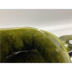 Three jardinières comprising West German Gerz example decorated in relief, Doulton Slaters example with frilled everted rim and a majolica example, and a further two Arthur Wood majolica jugs (5)