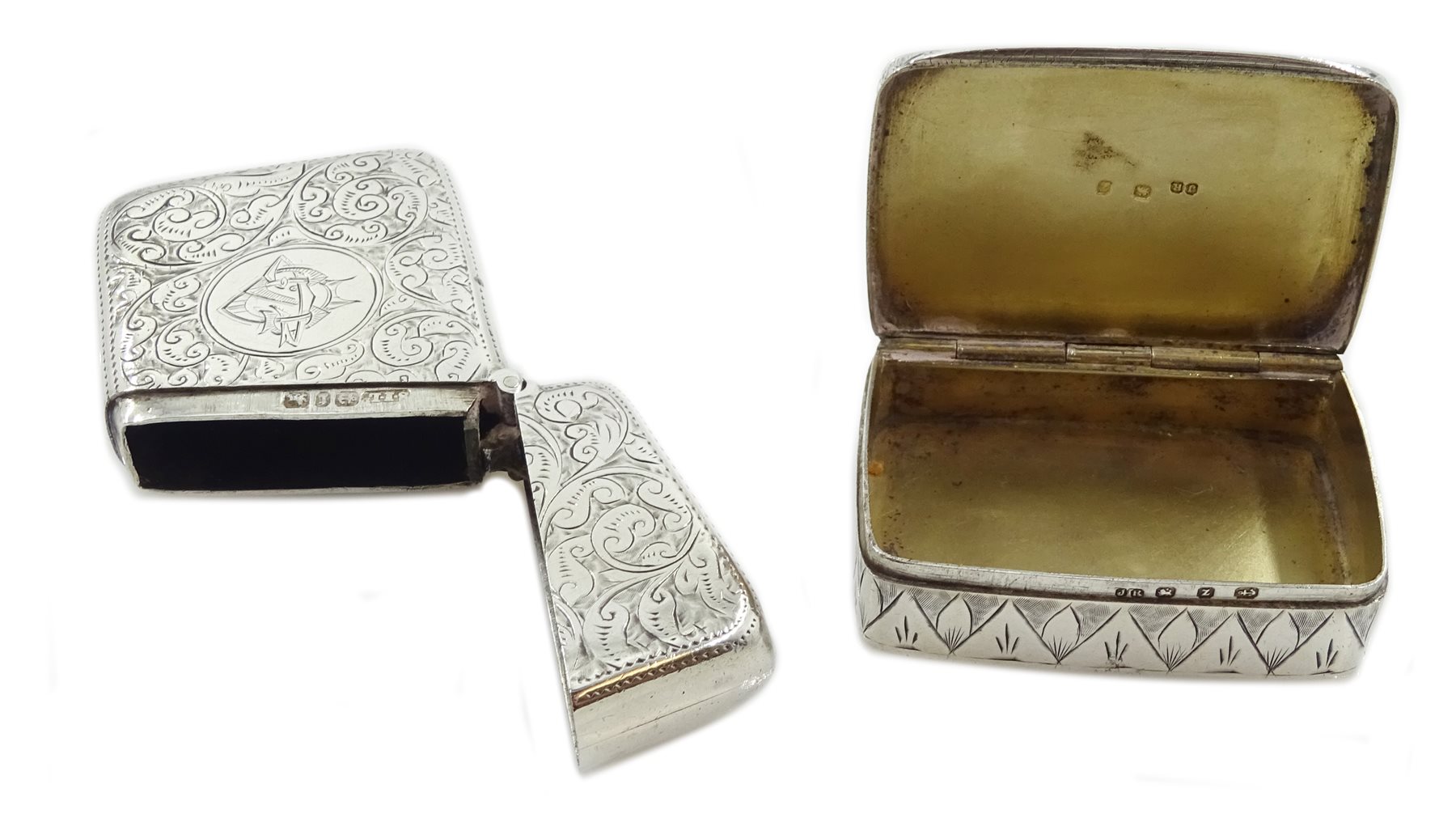 Victorian silver snuff box, bright cut decoration by John Rose, Birmingham 1899 and a vesta case by Stokes & Ireland Ltd, Birmingham 1893, approx 2.5oz