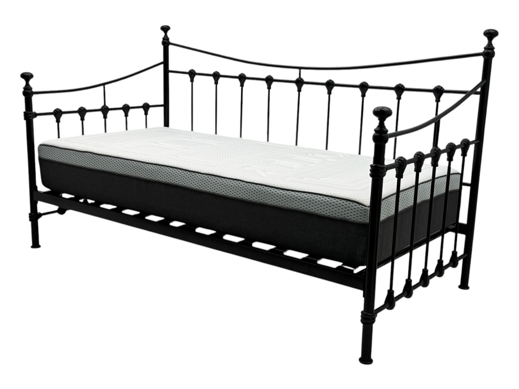 Contemporary Victorian revival black metal day bed, featuring arched back and sides with turned finials and spindle rails, complete with single 'OTTO' mattress