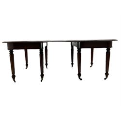 19th century figured mahogany dining table - two D-ends and leaf, on turned supports terminating at brass castors, W136cm, L131cm - 183cm (no table forks)