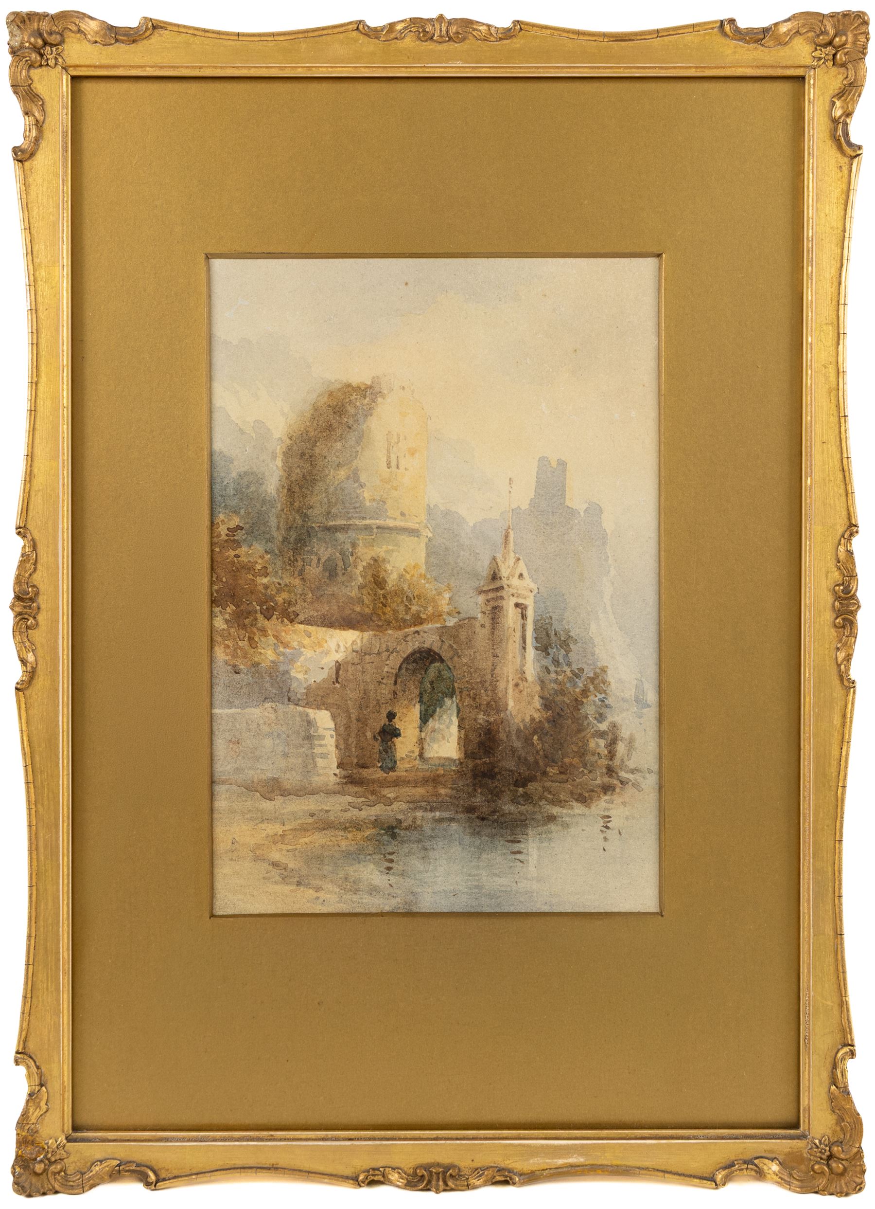 Attrib. James Duffield Harding (British 1798-1863): View of the East Yorkshire Coast, pencil unsigned 18cm x 27.5cm; Continental School (19th/20th century): Girl Underneath Archway, watercolour unsigned 24cm x 16cm and English School (19th/20th century): Horse Riders in a Forest Clearing, oil on board indistinctly signed 14cm x 20cm (3)