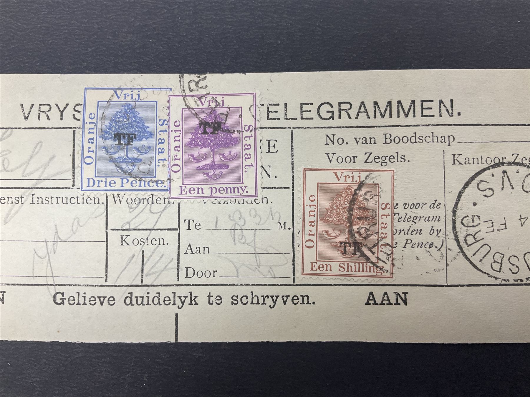 South Africa, Orange Free State, partial cover with one penny stamp cancelled with various postmarks 'Stopped By Censor Return To Sender' purple rectangular stamp and 'V R Opened Under Martial Law' pink slip and three telegrams with various stamp values