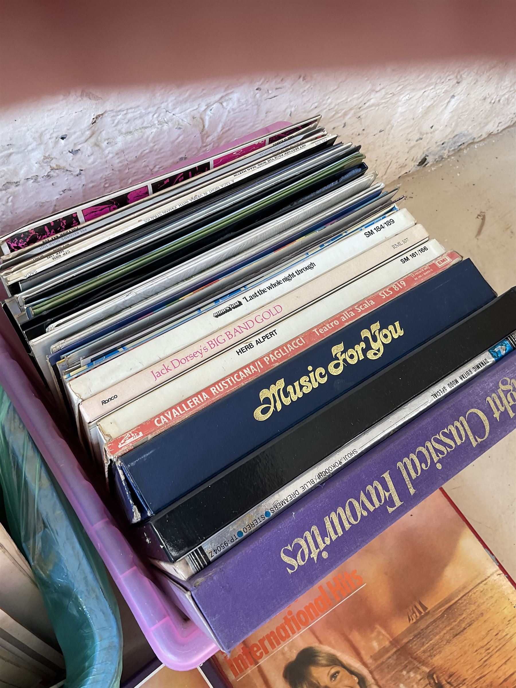 ‘The Early Breakfast’, 19th century hand coloured engraving in Hogarth type frame, vinyl LPs, reproduction silhouettes, two pairs of leather ice skates and tea set depicting a Japanese landscape