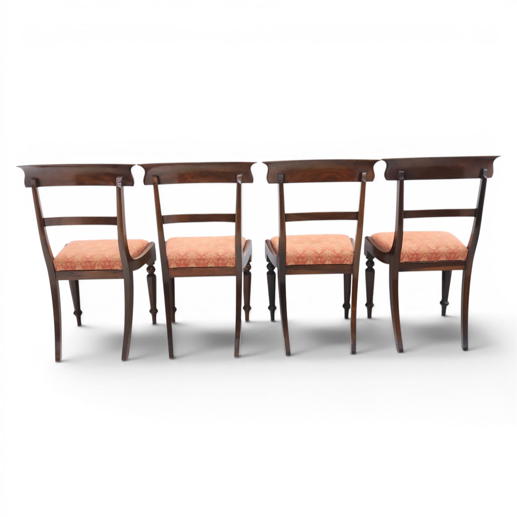 Set of eight 20th century solid rosewood dining chairs, upholstered drop in seats, on oak stretchers, made by Gott's of Pickering and T Feetam of Hull, stamped on all chairs, seat height 47cm