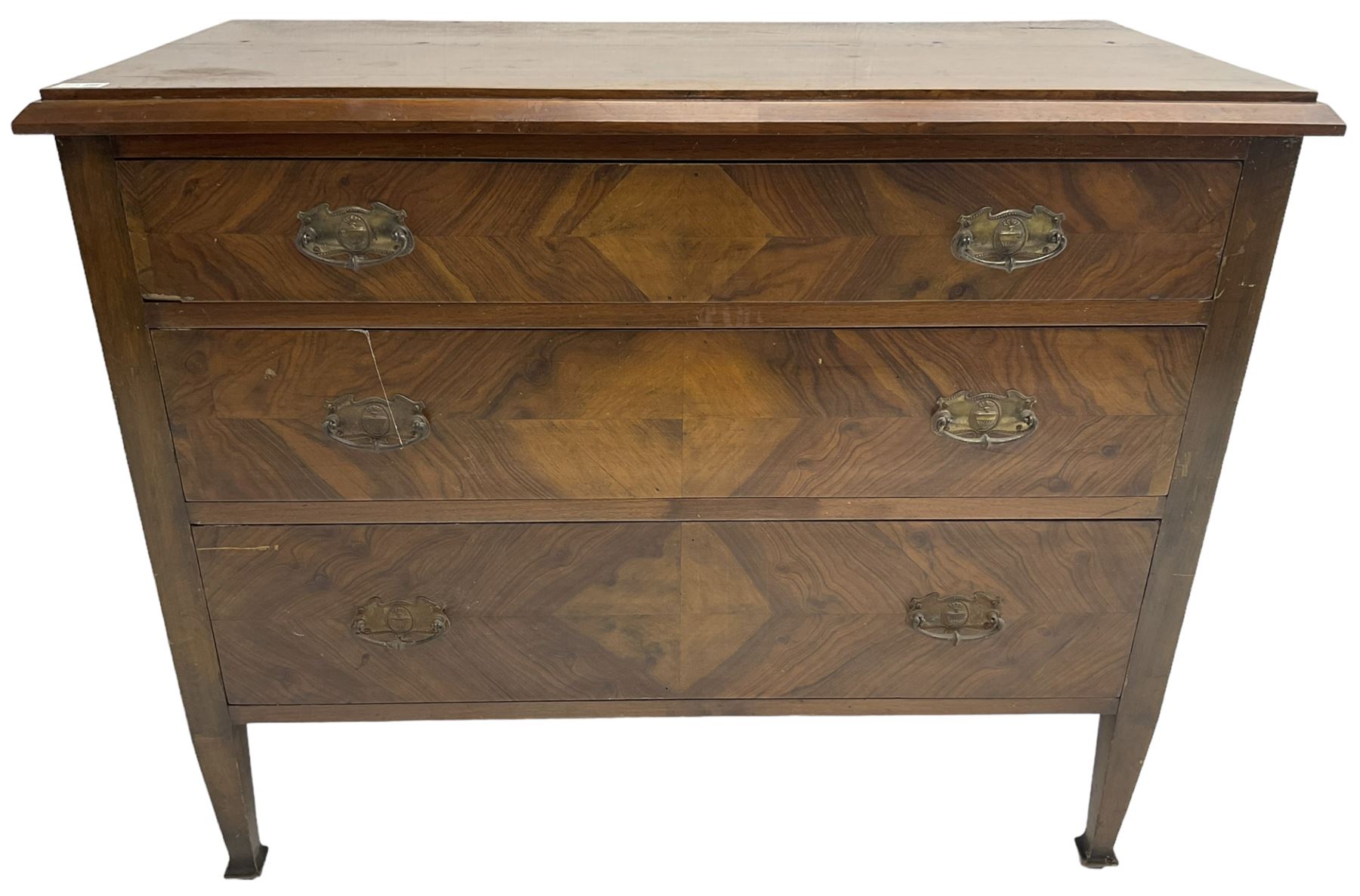 Early to mid-20th century walnut chest, fitted with three graduating drawers with bookmatch veneer facias, raised on square tapering supports