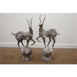  Pair cast metal garden stags figures/gate post finials on spherical mounts, H91cm 