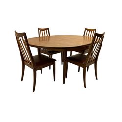 G-Plan - mid-20th century teak 'Fresco' extending dining table, circular top on tapered supports (W122cm H74cm); and Leslie Dandy for G-Plan - set six mid-20th century teak 'Fresco' dining chairs, high backs over tan leatherette seats (W46cm H91cm)