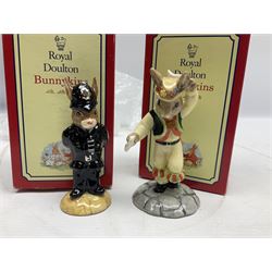 Royal Doulton The Mickey Mouse Collection Pluto figure, Coalport Characters The Snowman Dressing Up figure, three Royal Doulton Bunnykins figures comprising Policeman, Morris Danger and Eskimo, and display stand, Royal Doulton John Beswick Tiggy Winkle, Royal Albert Beatrix Potter Peter Postbag and three Goebel Hummel figures, all boxed