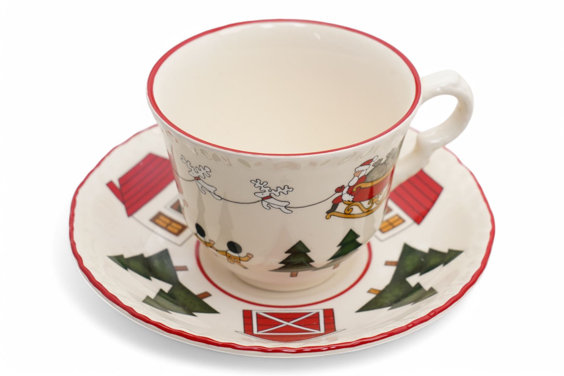 Masons Christmas Village tea wares, designed by Marsten-Mandrajji, comprising three-tiered an other cake stand, large bowl and jug, two twin-handled serving dishes, mug and two teacups, plates of various sizes etc