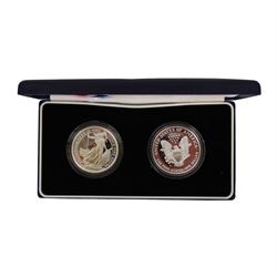 United Kingdom and United States of America 1998 'Ladies of Freedom' one ounce fine silver proof two coins set, comprising Britannia two pounds and Liberty one dollar, cased with certificates