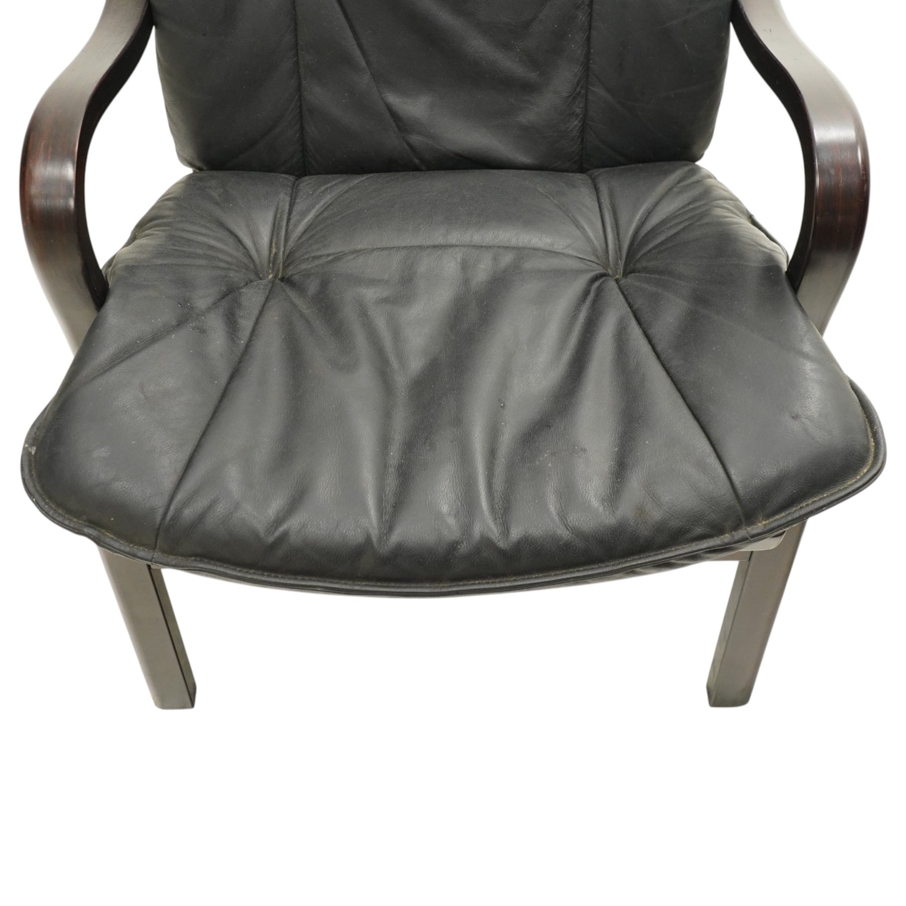 Mid-20th century Danish stained bentwood framed easy armchair, slatted back over shaped arms, mesh seat and rear-splayed supports, with black leather-upholstered loose back and seat cushions 