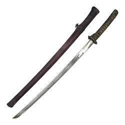 Copy of a WWII Japanese NCO sword, the 65cm slightly curving blade stamped with pseudo Japanese characters and cast brass simulated cord bound grip; in officer's leather bound field scabbard L97cm overall