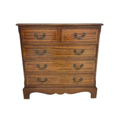 Georgian design mahogany chest, rectangular cross-banded top with satinwood stringing, fitted with two short and thee long cock-beaded drawers, on bracket feet