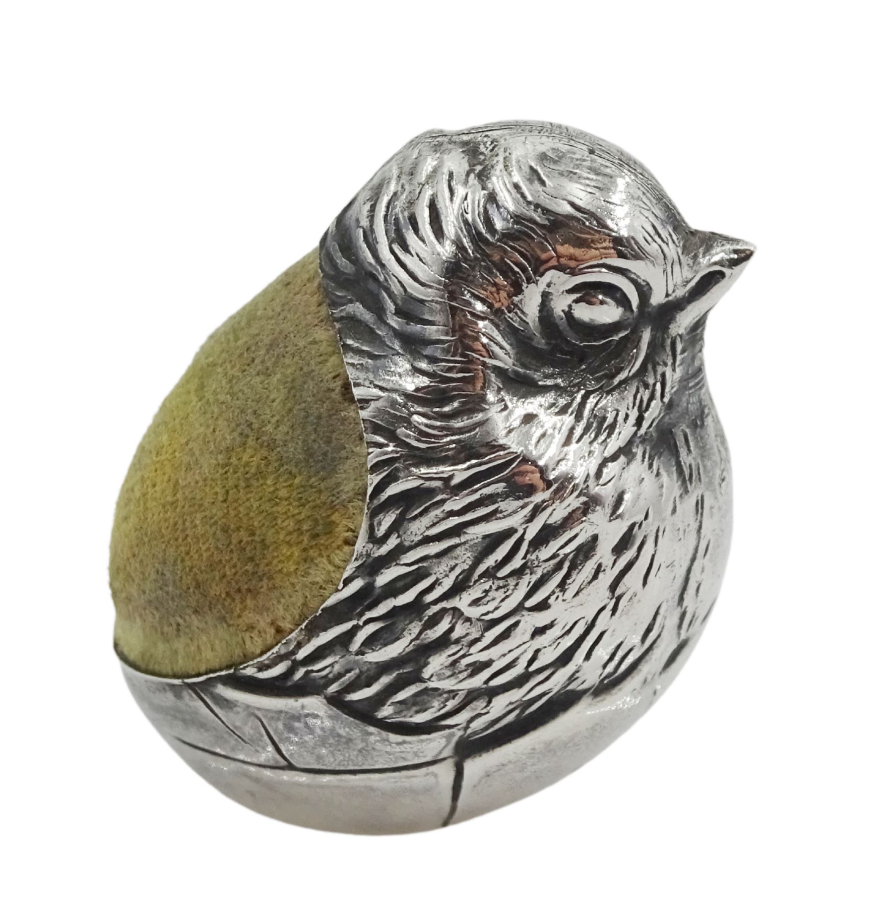 Edwardian silver chick pin cushion, Rd No. 475678 by Sampson Mordan & Co, Chester 1907
