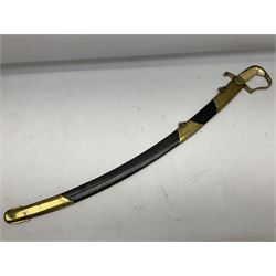 British pattern 1796 Light Cavalry Officer's sword, the 83.5cm curving steel blade marked 'W. Parker London' and 'Warranted' verso, brass stirrup hilt with half-round langets, knucklebow and backstrap with ribbed ivory grip; in brass mounted leather covered scabbard with two suspension rings L97cm overall. This item has been registered for sale under Section 10 of the APHA Ivory Act 