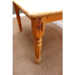  Rectangular farmhouse style pine table, turned supports W92cm, H75cm, D122cm  