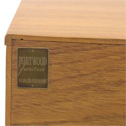 Portwood - Mid 20th century teak sideboard, rectangular top with fall front in the centre flanked by cupboard doors with recessed handles, above four drawers raised on tapered legs