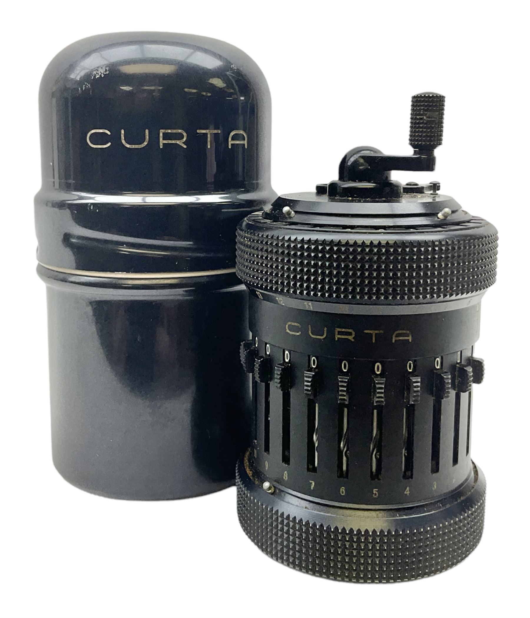 Curta Type II mechanical calculator by Contina Ltd Mauren, Liechtenstein, serial no. 500388 c1953 in original domed black metal case, H13cm 