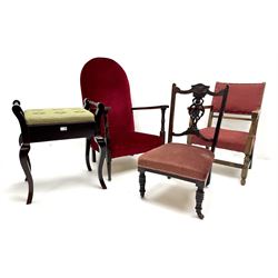 Edwardian mahogany nursing chair, carved and pierced back, upholstered seat, turned supports (W46cm) a low armchair upholstered in a red fabric (W67cm) a piano stool and another armchair (4)