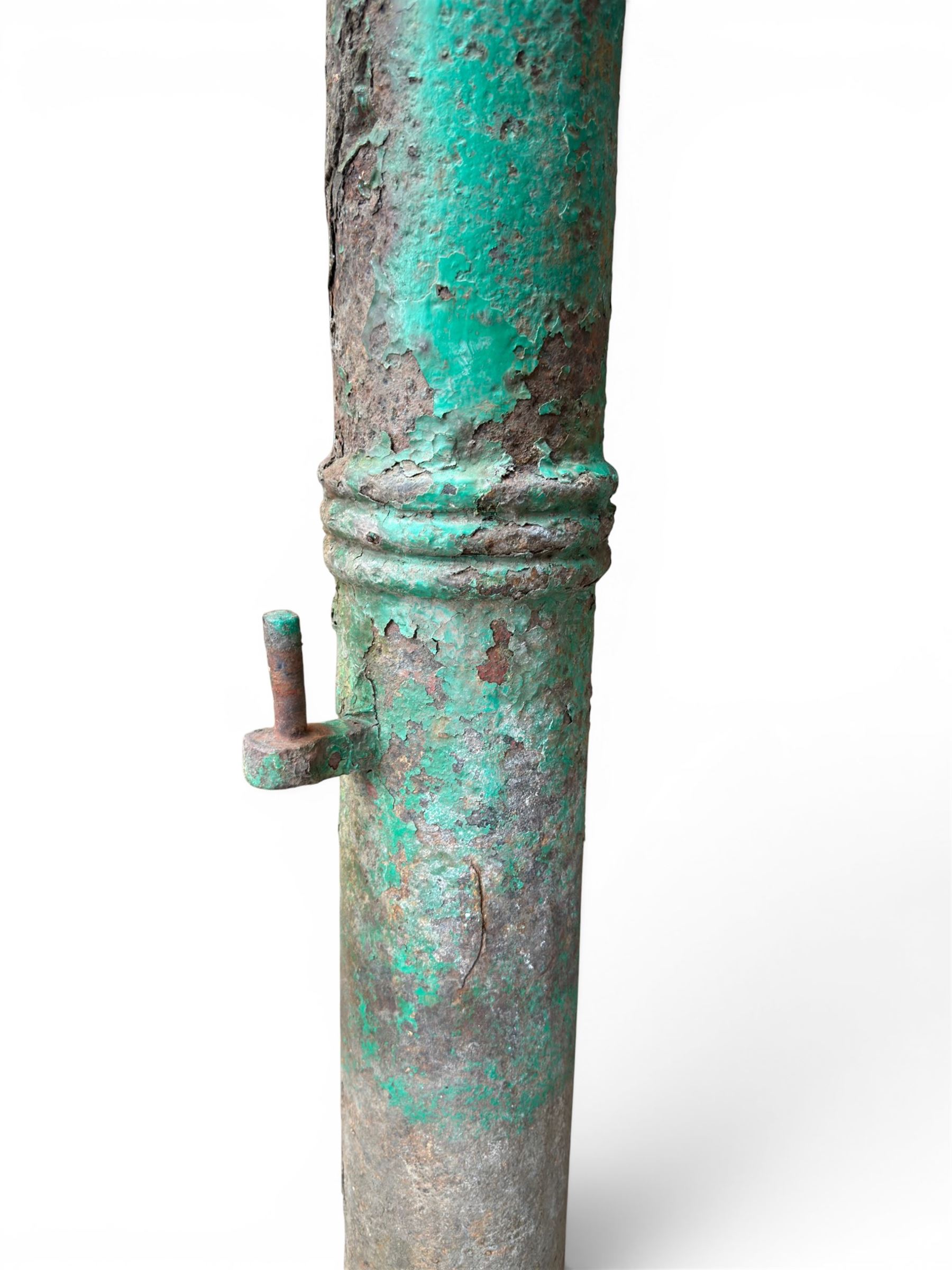 19th century circular cast iron gate post with finial, painted in distressed green finish