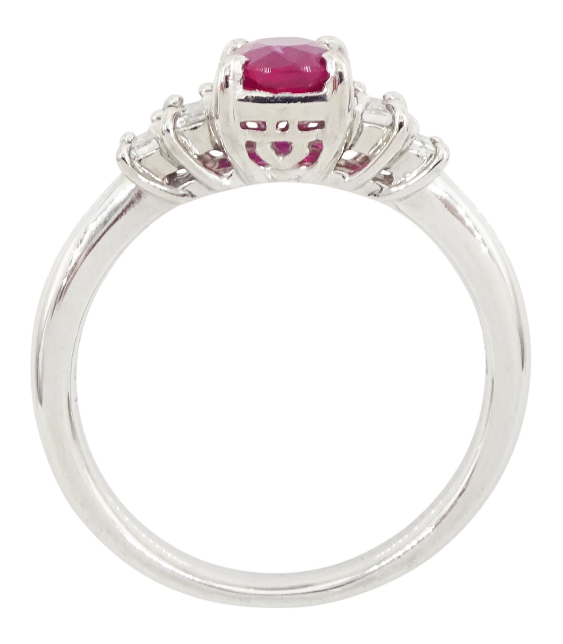 Platinum five stone oval cut Burmese ruby and baguette cut diamond ring, engraved 'PT900 R1.01 0.31', with GIA report