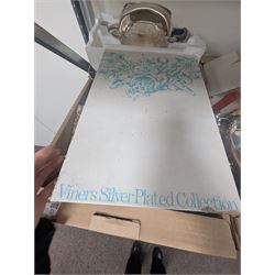 Large collection of silver plated items, including teapot, twin handled tray, cruet set and other metal ware etc