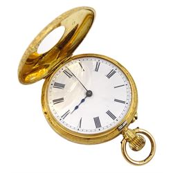 Edwardian 18ct gold half hunter ladies keyless Swiss lever pocket, white enamel dial with Roman numerals, back case engraved and engine turned with flower and scroll decoration, the central cartouche engraved 'AM Espley 1902' stamped 18K with Helvetia hallmark