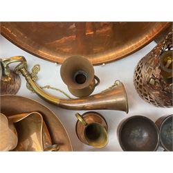 Quantity of copper to include hammered bowl, pair of chamber sticks with brass detailing, pair of candlesticks, bugles and trumpets etc