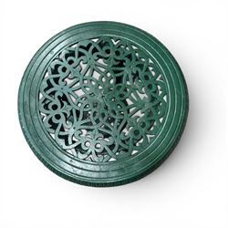 Painted cast iron garden table, the circular pierced top with foliate decoration and egg-and-dart rim, raised on three cloven hoof supports with classical female mask knees, united by pierced undertier, in green-painted finish