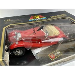 Seventeen Shell Sportscar Collection die-cast models including 1:24 scale Jaguar XJ220 by Maisto; and Bburago 1:20 scale die-cast model Mercedes Benz 500K Roadster (1936); all boxed (18)