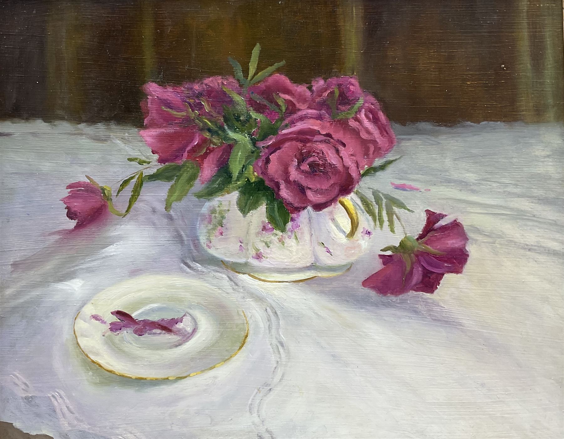 Iris Collett (British 1938) Still Life of Red Roses, oil on board