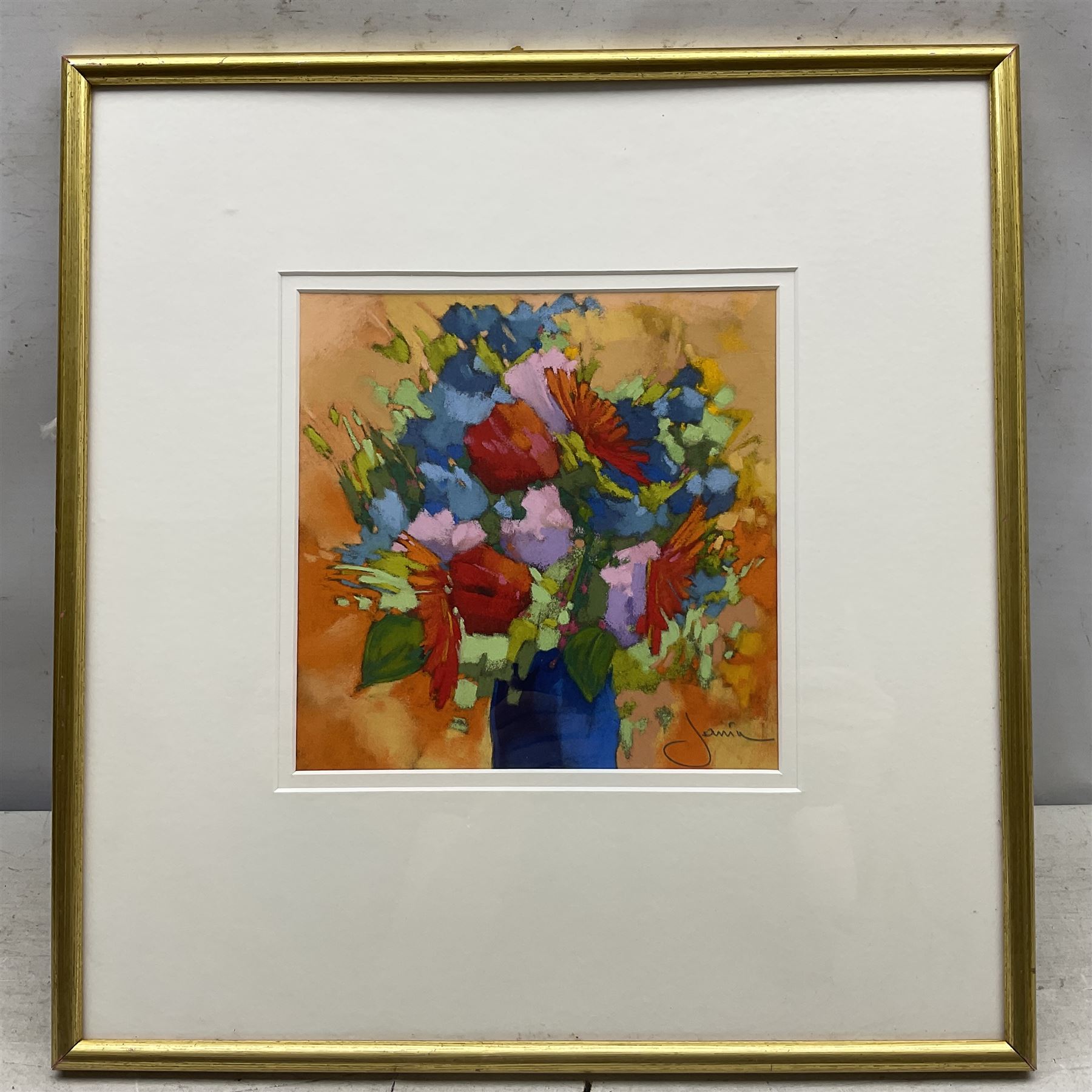Philippe Janin (French 1959-): 'Bouquet au Vase Bleu' Still Life, pastel signed, titled verso 19.5cm x 19.5cm 