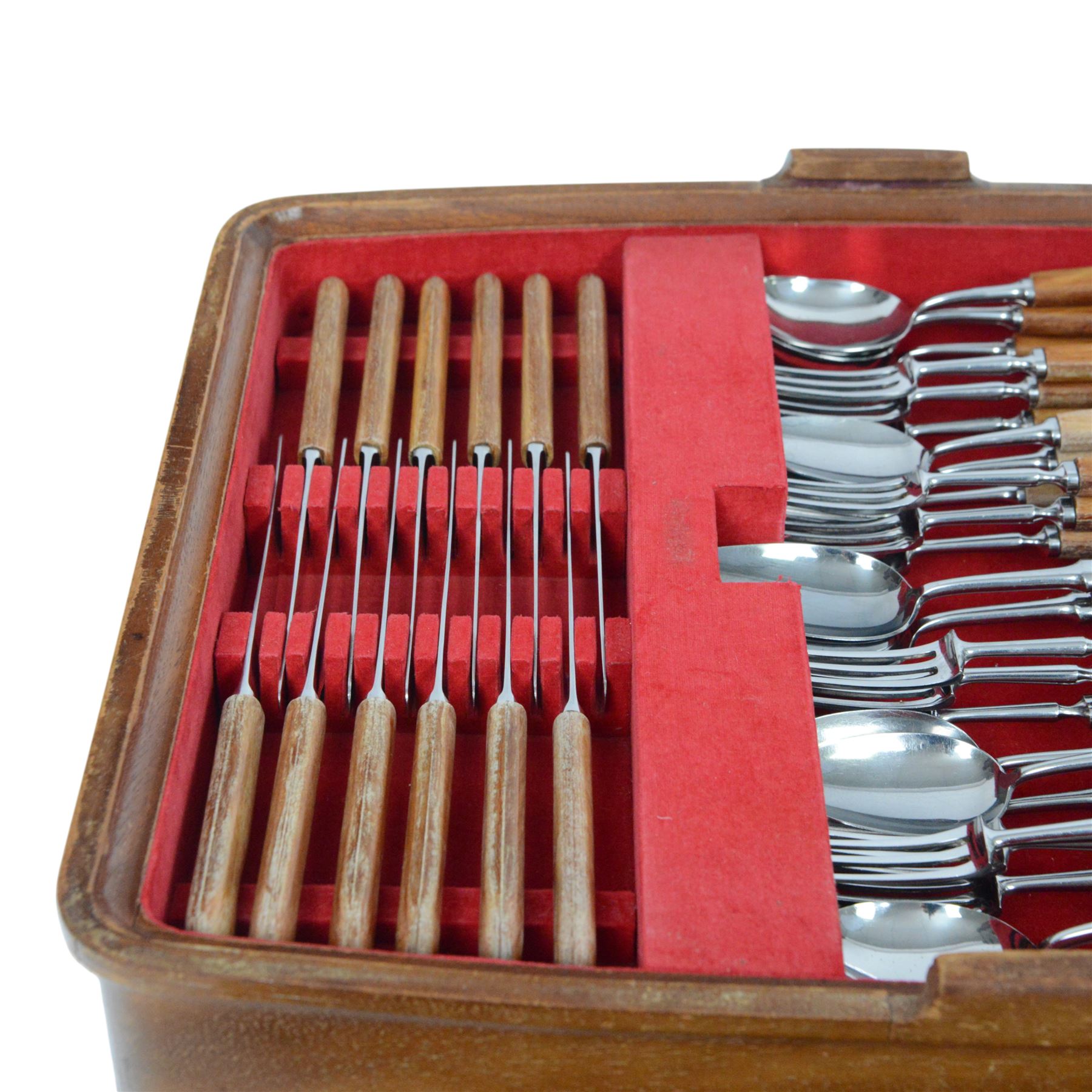 1960's fitted canteen of Sanenwood wooden handled stainless steel cutlery for six covers, including additional fish eaters with slide off tray cover 