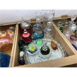 Three boxes of Victorian and later glassware to include moulded blue hen basket and cover, Caithness paperweight, carnival glass bowl, art glass, other coloured glassware 