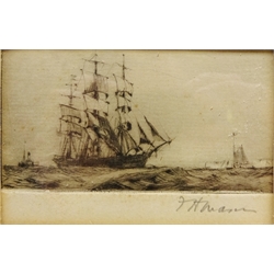  Sailing Vessels at Sea, drypoint etching signed in pencil by Frank Henry Mason (Staithes Group 1875-1965) 6cm x 9cm  