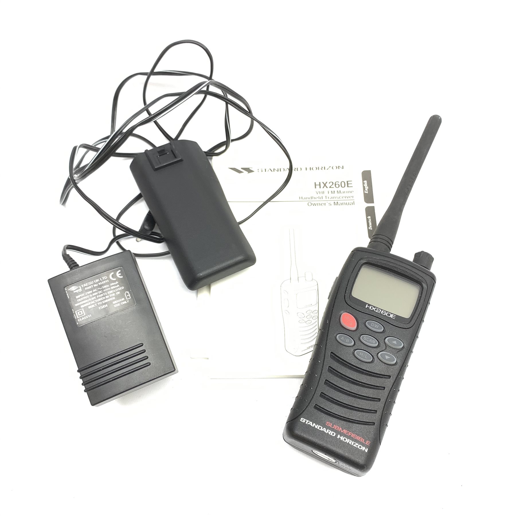 Standard Horizon HX260E hand held VHF marine radio with charger, spare