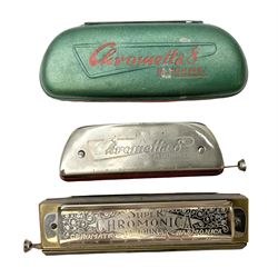 German M. Hohner Chrometta 9 harmonica in case, together with Hohner Chromonica harmonica