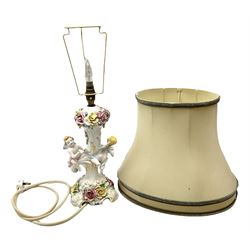 Italian ceramic lamp base with applied florals and cherubs, together with a cream lampshade, without lampshade H39.5cm