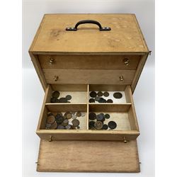 Three drawer collectors cabinet with fall front containing various Great British and World coins including GB pre-decimal coins, King George III 1806 penny, cartwheel pennies etc