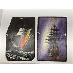 Michael J Whitehand (British 1941-): Three oil paintings of ships on slate signed, largest H40cm, L75cm