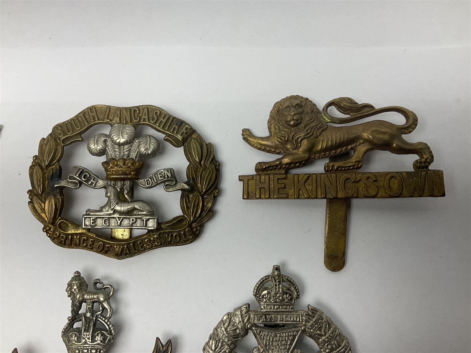 Twenty cap badges including Hertfordshire, Royal Sussex, Cambridgeshire, Hampshire, Notts and Derby, East Surrey, Herefordshire, South Lancashire, Devonshire, Bedfordshire, Durham Light Infantry etc (20)