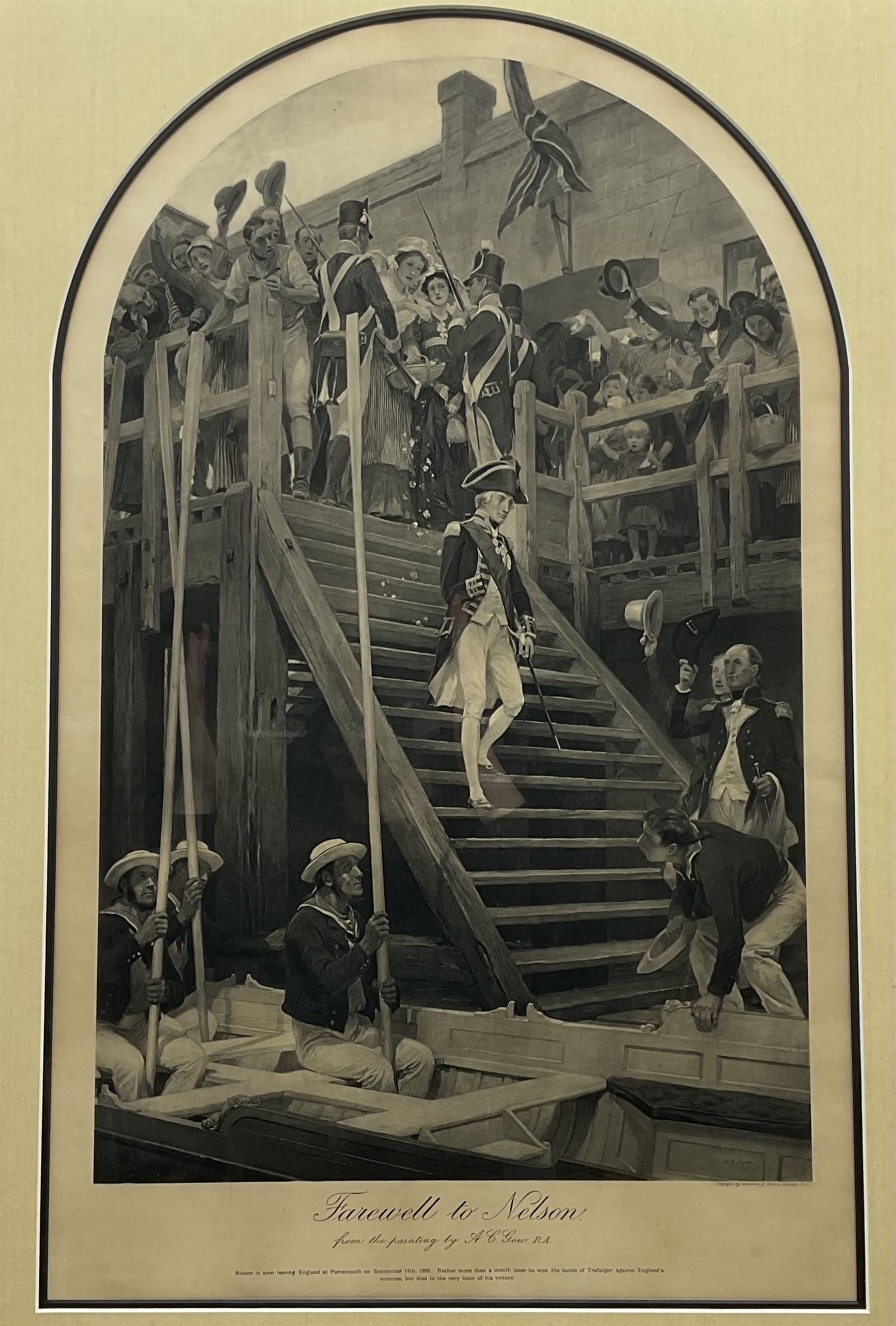 After Sir William Quiller Orchardson (Scottish 1832-1910): 'The Surrender Of Napoleon To Great Britain', monochrome print pub. 1910, 40cm x 61cm; after Elizabeth Southerden Butler (née Thompson) (British 1846-1933): 'Balaclava - The Return 25 October 1854. The Charge of the Six Hundred', monochrome print pub. 19011, 33cm x 63cm; after Andrew Carrick Gow (British 1848-1920): 'Farewell to Nelson', monochrome print 62cm x 38cm