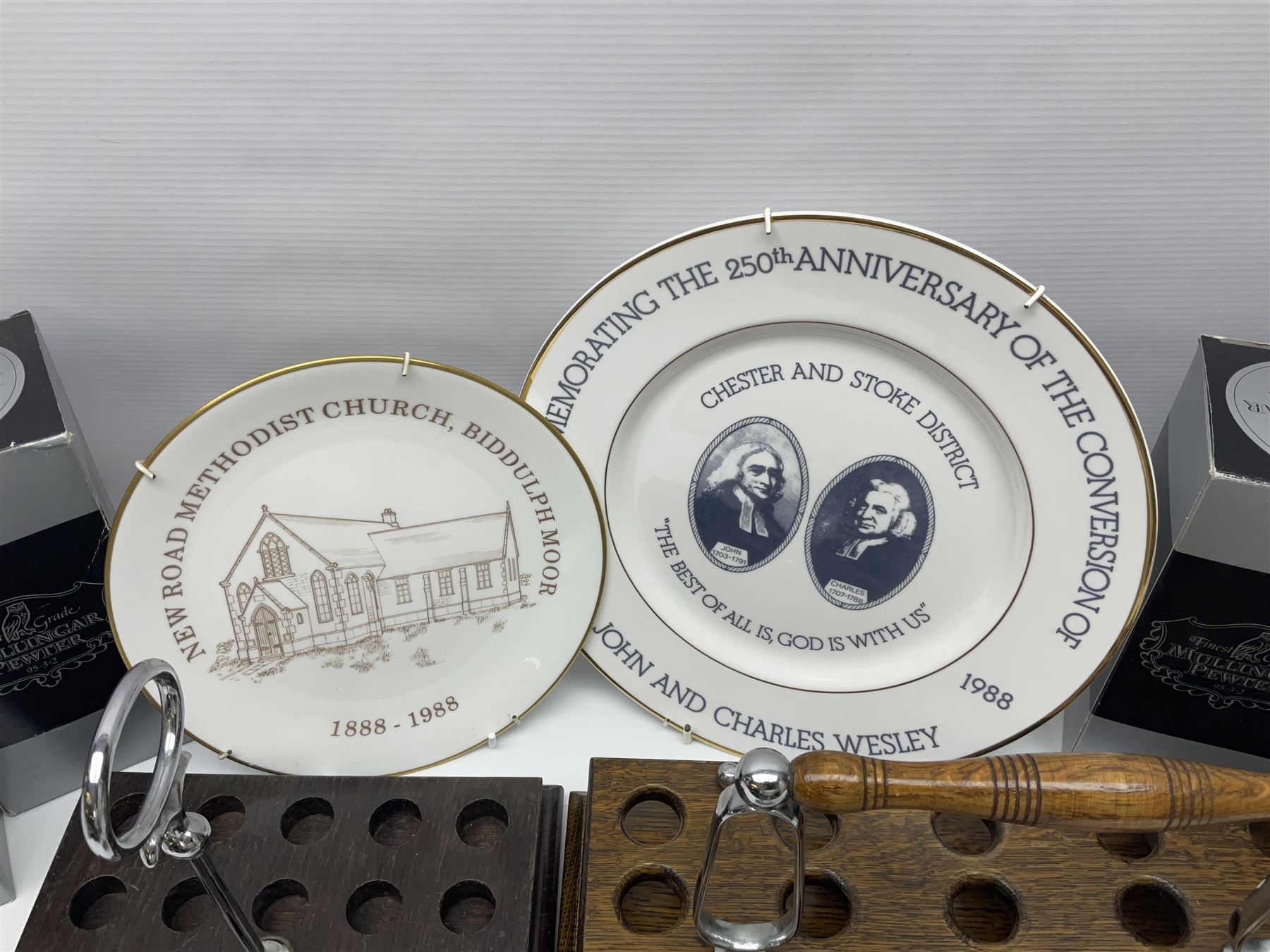 Collectables relating to the Methodist Church, including plates, goblet and mugs commemorating the 250th anniversary of the church, together with two wooden communion cup holders, etc