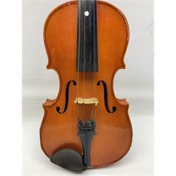 Stentor Student I quarter size cello with 59.5cm two-piece maple back and ribs and spruce top; bears maker's label with serial no.M072637 L96cm overall; together with a damaged Chinese three-quarter size violin in Stentor case (2)